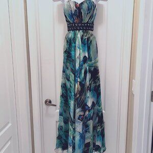 La Famme Long Maxi Multi Color Tropical Sz 0-Strapless Beaded Floral Waist Dress